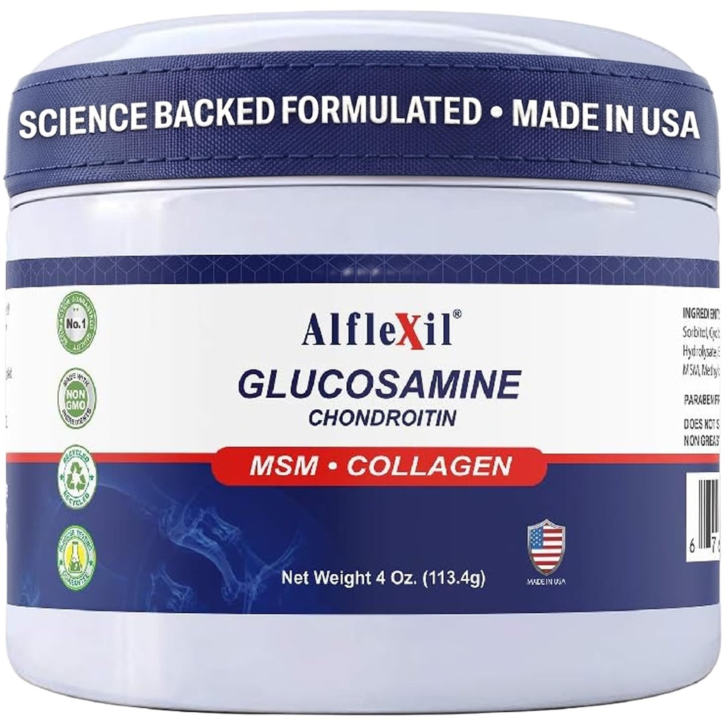 ALFA VITAMINS Alflexil Glucosamine Plus Crème de Chondroitine avec MSM & Collagène, soutient des articulations saines, soulager la douleur articulaire et musculaire, améliore la mobilité, l'absorption rapide et l'hydratation de la peau, 4 Oz.