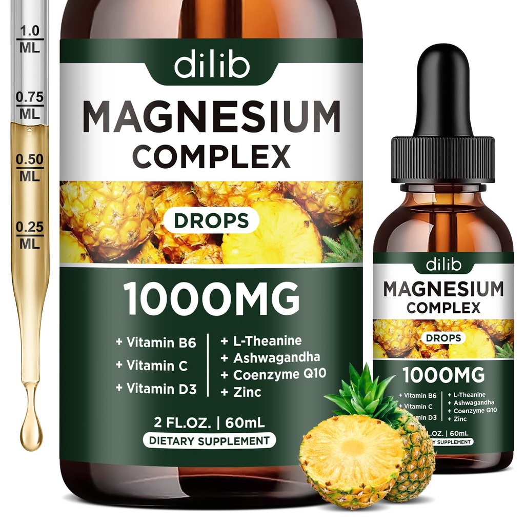 Supplément triple complexe de magnésium, glycinate de magnésium, mélange, citrate gouttes liquides 1000mg avec Ashwagandha, CoQ10, vitamine B6, C, D, zinc - saveur d'ananas végétalien