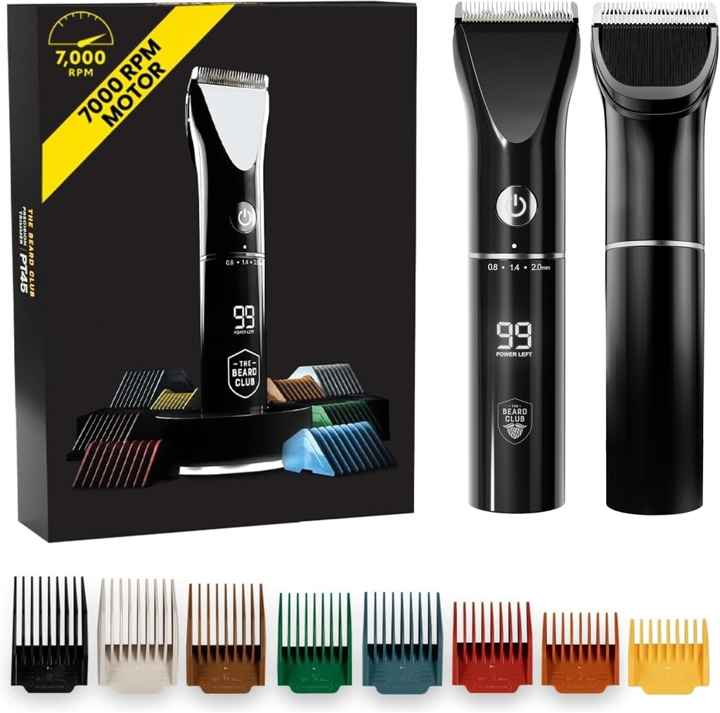 Der Bart Club Bart Trimmer für Herren - Elektrische Akku wiederaufladbare Bart &amp; Haar Trimmer - High Power 7000 RPM - 8 Farbführer 45 einzigartige Trim Längen - Travel Lock