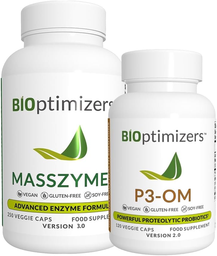 BiOptimizer - P3-OM und MassZymes Bundle - Premium Digestive Enzyme und Probiotika für Frauen und Männer - Doctor-Formuliert (250 MassZymes Kapseln, 120 P3-OM Kapseln)