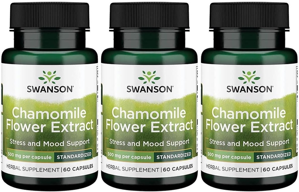 Extrait de fleur de camomille de Swanson 500 Milligrammes Standardisé à 1,2 % Apigenin 6 mg par gélule 60 Capsules 3 Pack