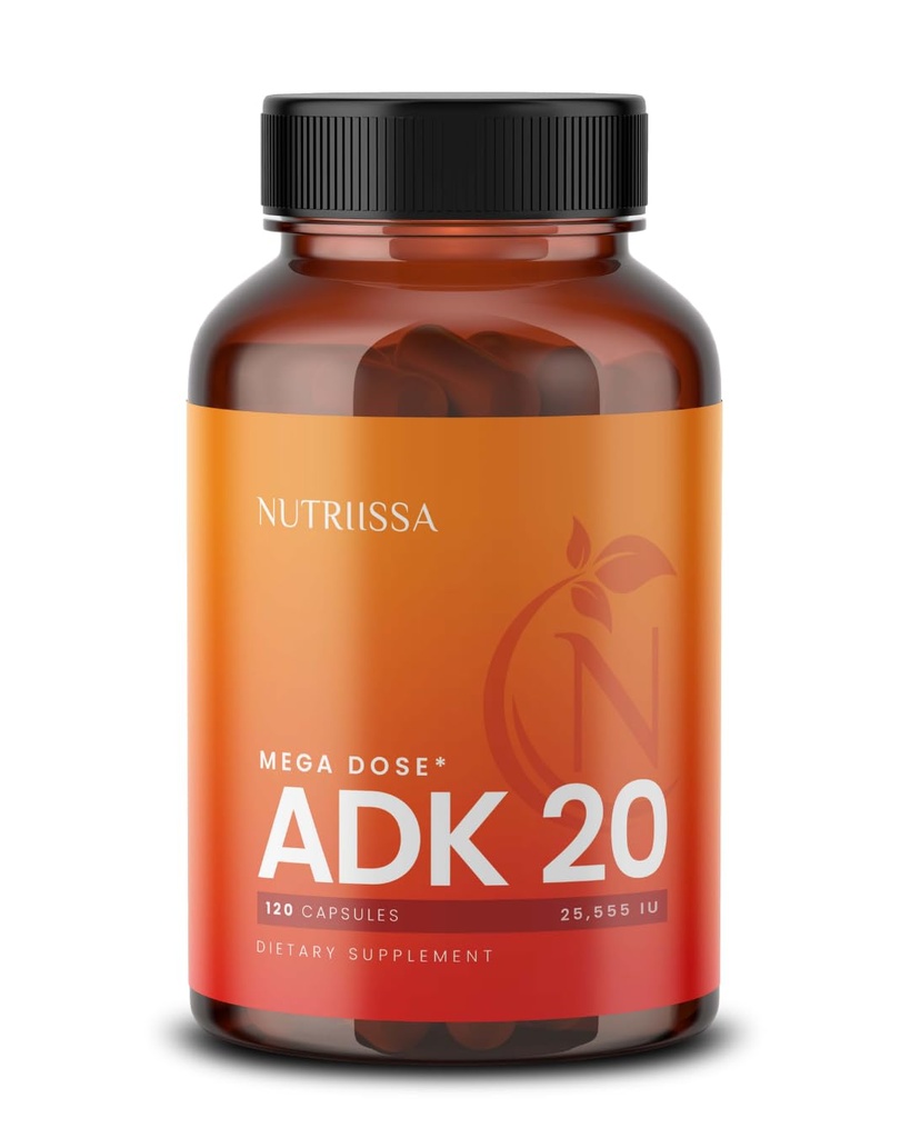 Nutriissa ADK 20 - Immun- und Knochengesundheitsunterstützung mit Vitaminen A, D & K (25.000 IU) - 4-Monatsversorgung - EPEB zertifiziert für Reinheit & Potenz - 120 Vegankapseln