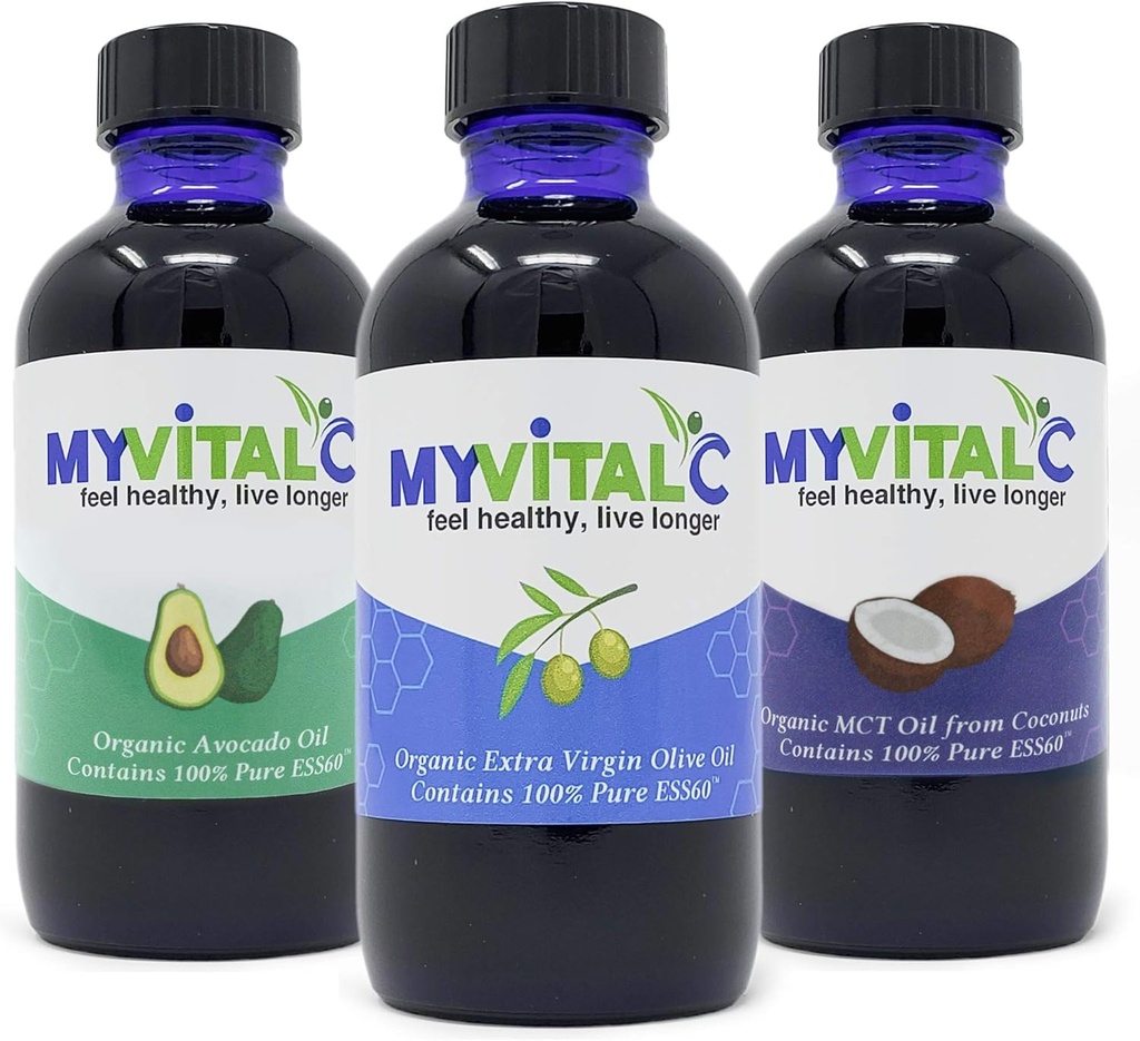 MyVitalC Combo d'huile d'olive extra vierge biologique, MCT et huile d'avocat - Supplément antioxydant ESS60 - Pour Anti-Age, Longévité, Sommeil, Énergie - Pack de 3