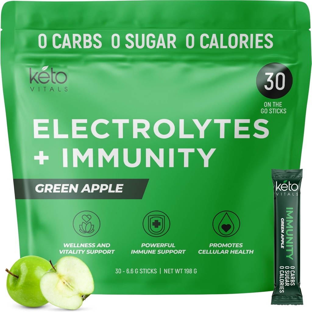 Keto Vitals Immunity Sugar Free Electrolytes Poudre avec vitamine C, gingembre, curcuma et fraise - Boostez votre système immunitaire et réhydratez votre corps - Saveur de pomme verte, 30 comtes