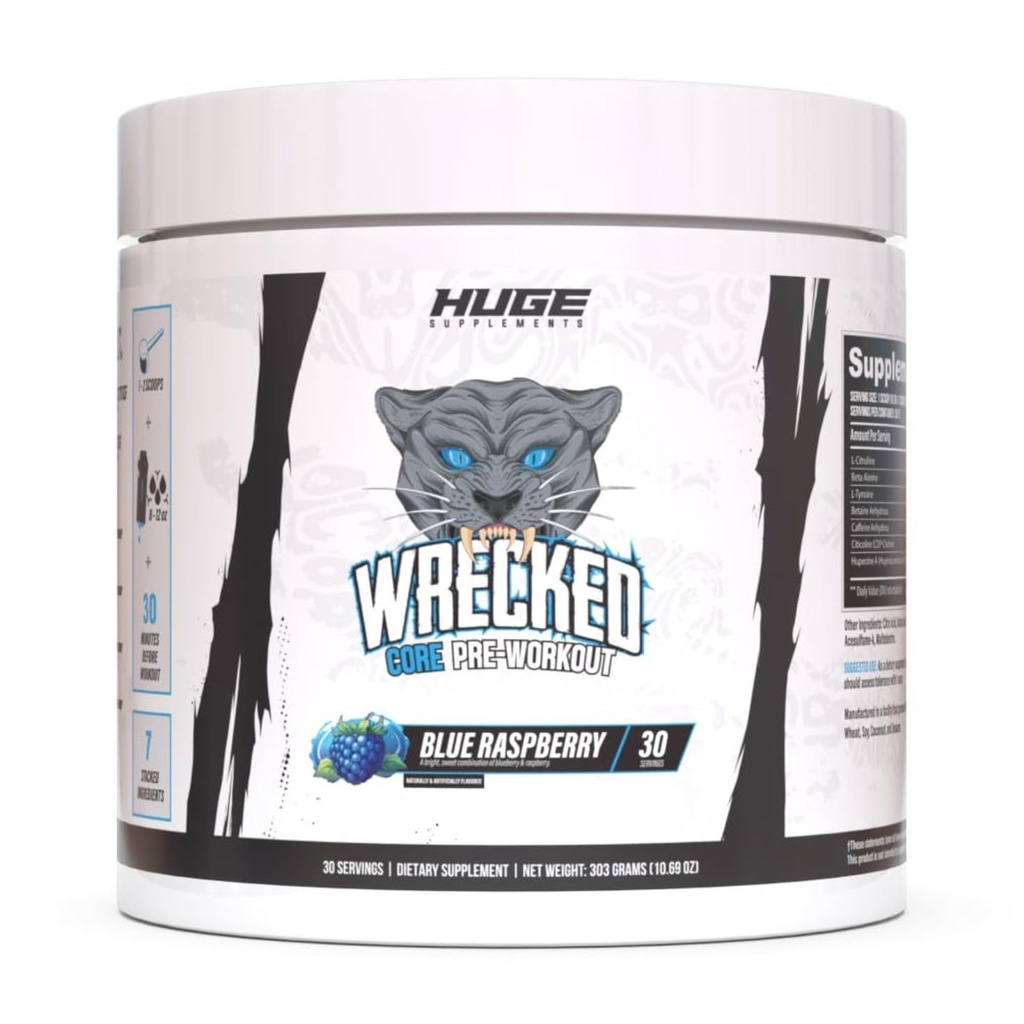 Noyau enrobé - Supplément pré-entraînement tout-en-un pour les hommes et les femmes, Augmenter l'énergie, la concentration et les pompes avec L-Citrulline, Beta-Alanine, L-Tyrosine et plus (30 portions) - Blue Raspberry