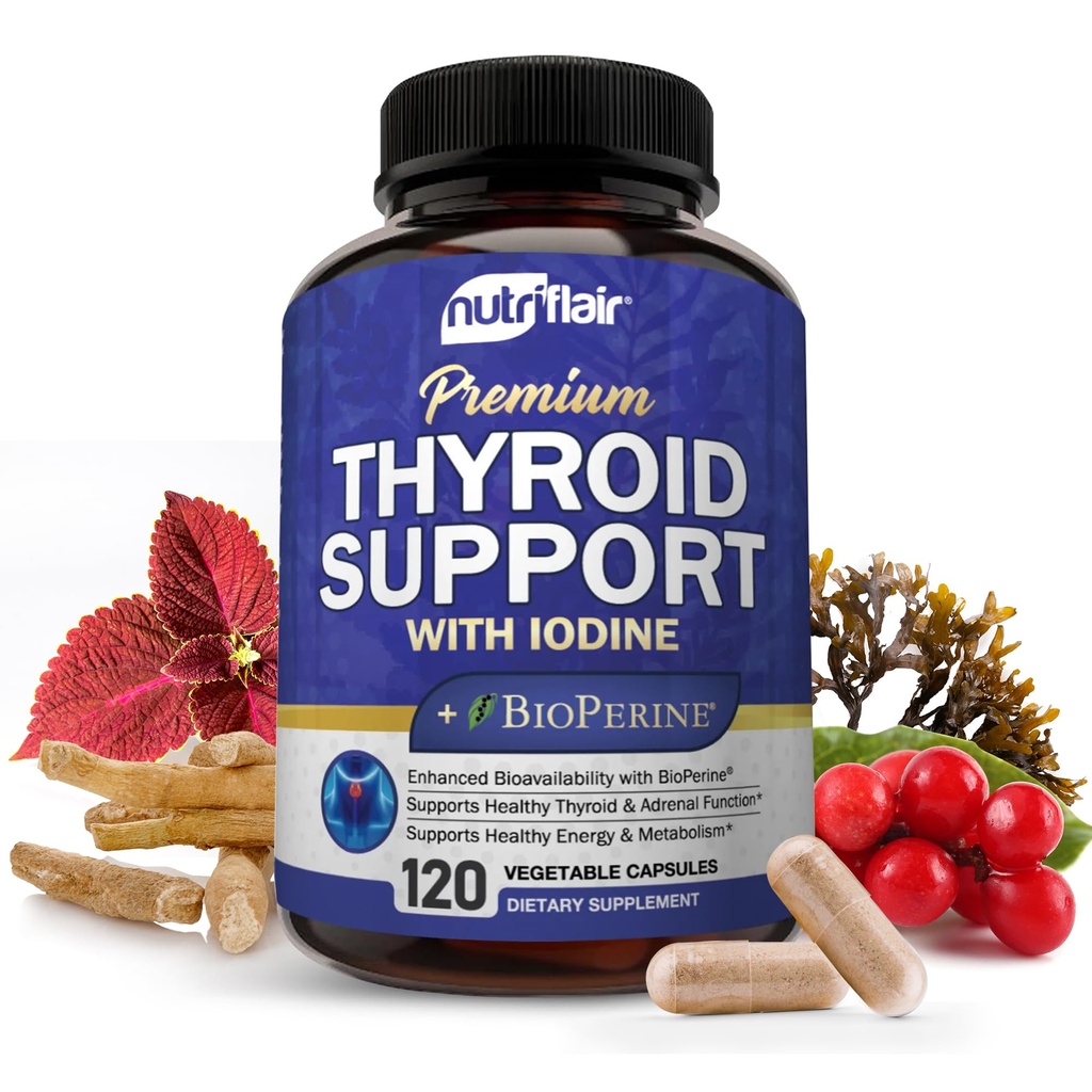 Complexe de soutien thyroïde NutriFlair, 120 capsules - avec l'iode, poivre noir, Ashwagandha, vitamine B12 - supplément thyroïde pour les femmes et les hommes