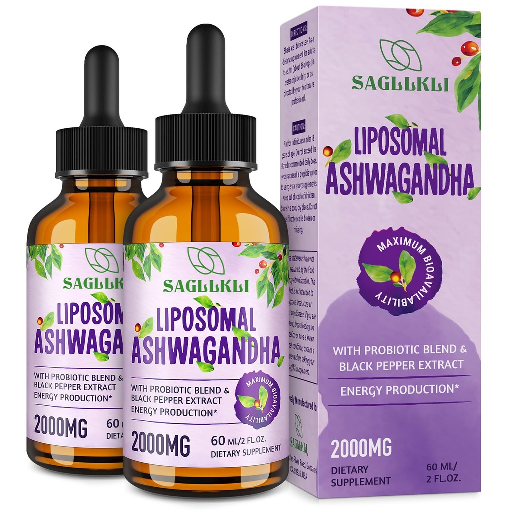 Liposomal Ashwagandha Liquid Drops 2000mg, Ashwagandha Root Extract Supplement (7% Withanolides) mit Black Pepper Extract & Probiotics for Focus, Cognition & Energy - 4 FL.OZ (2 Flasche)