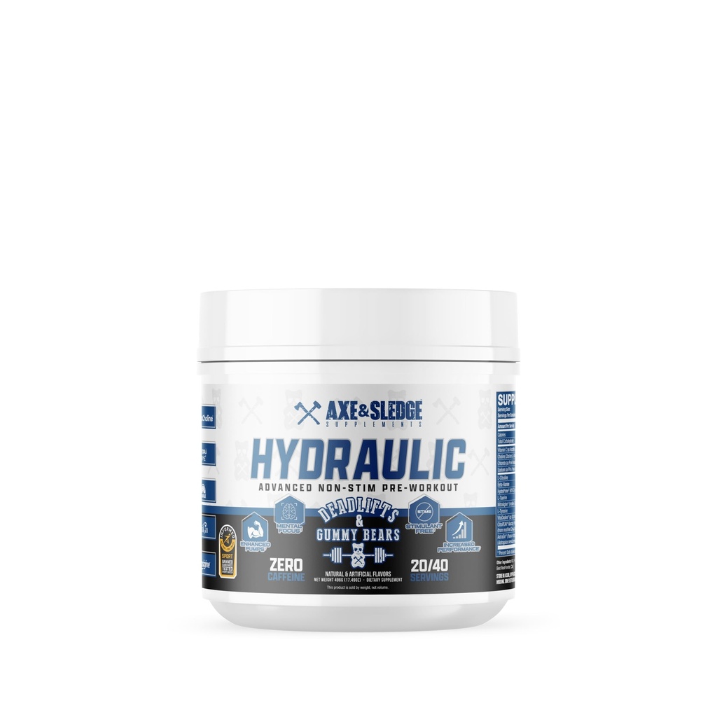 Axe & Sledge Hydraulic Stim-Free Poudre de pré-entraînement pour les hommes et les femmes. Performance, Étamine, Focus, Pompes.L-Citrulline, Beta Alanine, Créatine, Sans caféine, Deadlifts & Gummy Bears