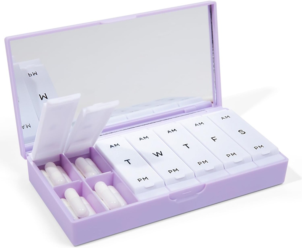 PORT X POLISH Designer Weekly Pill Box Organizer (AM/PM 2X Daily, Lilac) | Compact, Stylish 7-Day Vitamin Supplement Case | Cut Portable Mini Travel Medicine Carrier | BPA-Free Pillbox Caddy