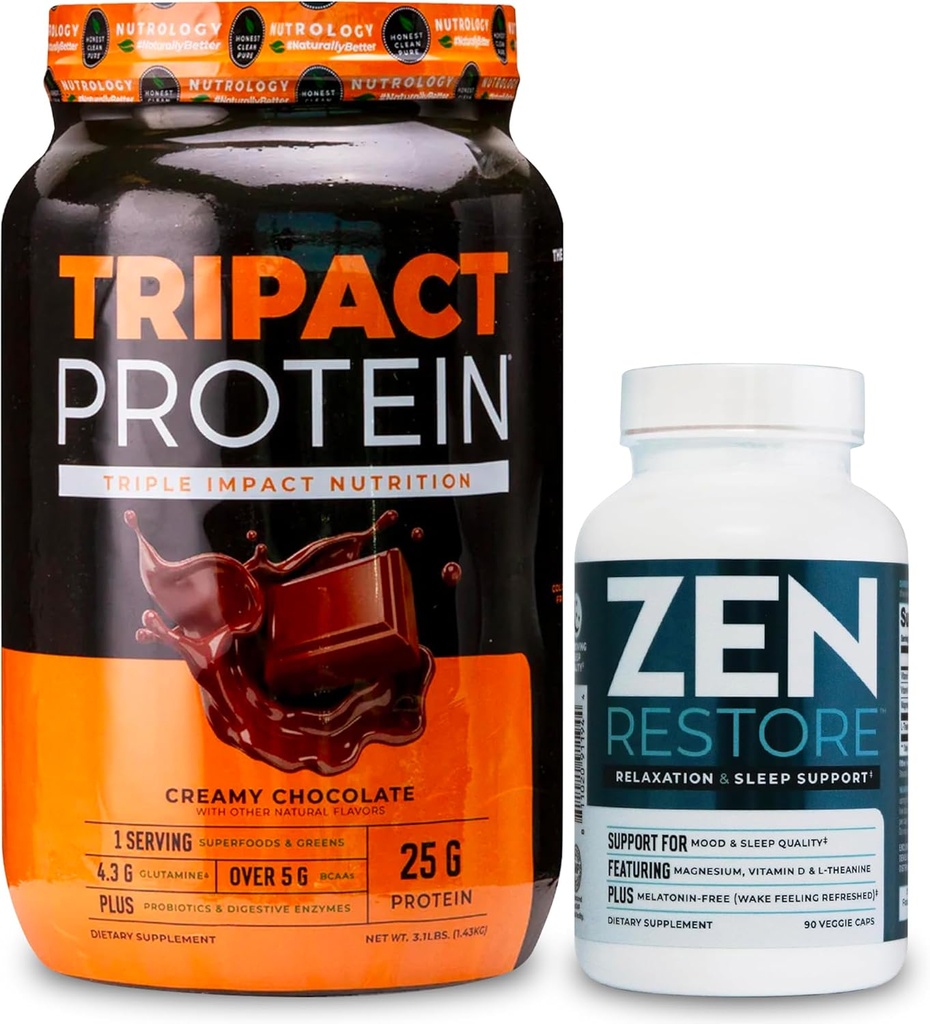 Nutrologie TRIPACT Proteinpulver, 7-in-1 Meal Ersatz Shake, Creamy Chocolate (40 Servierungen) Zen Natural Magnesium Supplement (30 Servierungen)