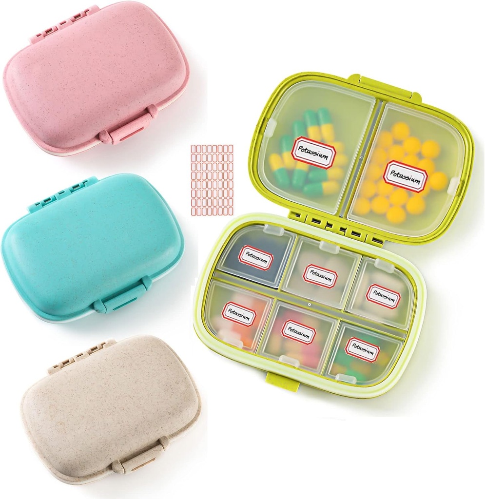 4 Pack Travel Pill Organizer, 8 Compartments Small Pill Box, Portable Daily Pill Case for Medicine, Vitamin, Supplement Storage, Compact Pill Container for Pocket, Purse, Travel, Office, Home Use
