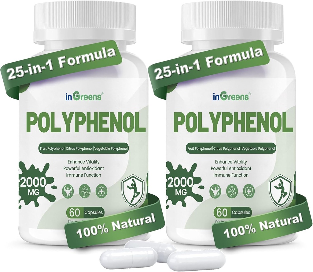 25-in-1 Polyphenol-Ergänzung, 2000MG Leistungsstarke Antioxidantien & Polyphenol für Alter Defense, Polyphenol Superfood, Quercetin, Resveratrol, Plant-Based & Energy, Immununterstützung, 120 Kapseln