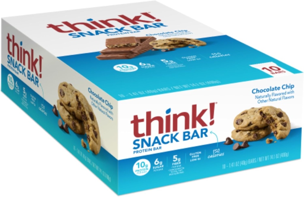 Réfléchis ! Barres protéinées avec racine de chicorée pour fibre, support digestif, sans gluten avec isolat de protéines de lactosérum, croustilles de chocolat, barres Snack sans édulcorants artificiels, 1,4 Oz (10 comte)