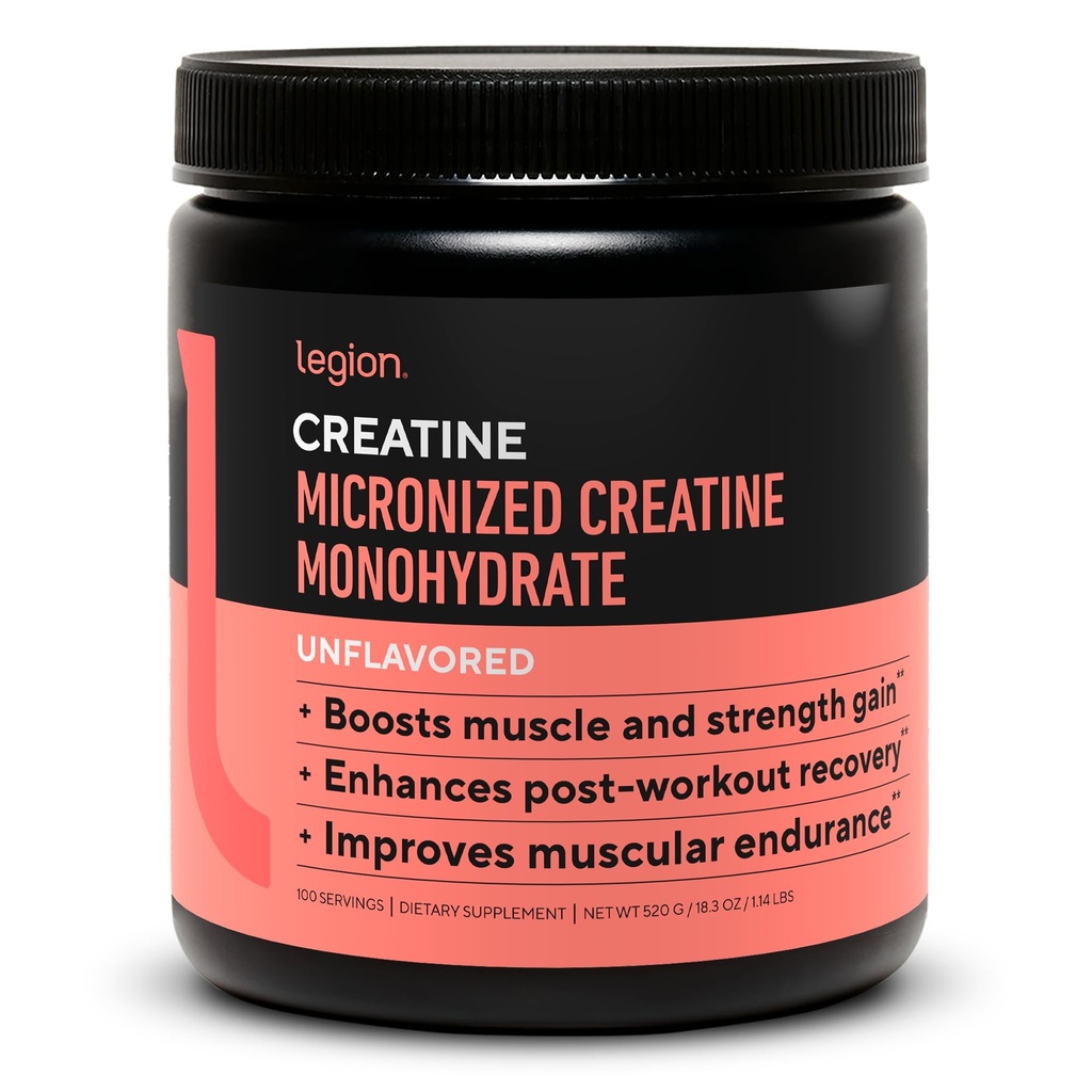 LÉGION Supplément monohydraté en créatine micronisé - Poudre propre en créatine pour le gain musculaire et la récupération après entraînement - Supplément en créatine micronisé pour absorption maximale (100 portions, non aromatisées)