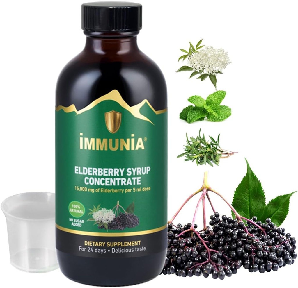 Immunia Elderberry Syrup hilft das Immunsystem zu stärken. Elderberry Konzentrat mit Elderflower, Thyme und Peppermint. Kein Zucker hinzugefügt. Köstlicher Geschmack. 24 Tage/Bottle. (1-Pack)