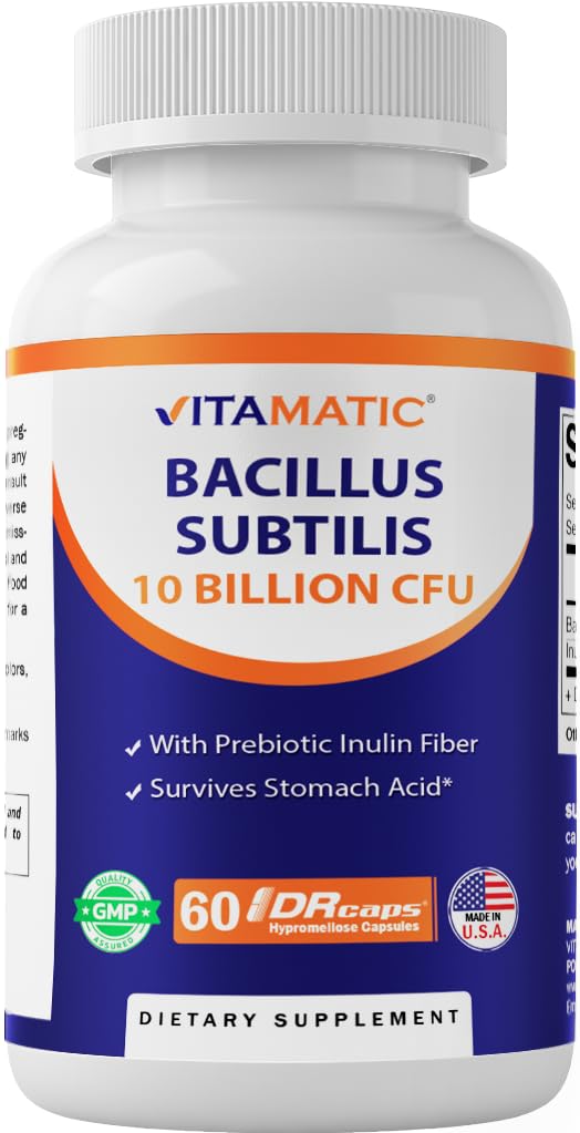 Vitamatic Bacillus Subtilis 10 Billion pro DR Capsule - 60 Count - Verdauungs-, Gut- & Immun-Gesundheitsunterstützung - Hergestellt mit Prebiotic Inulin Fiber