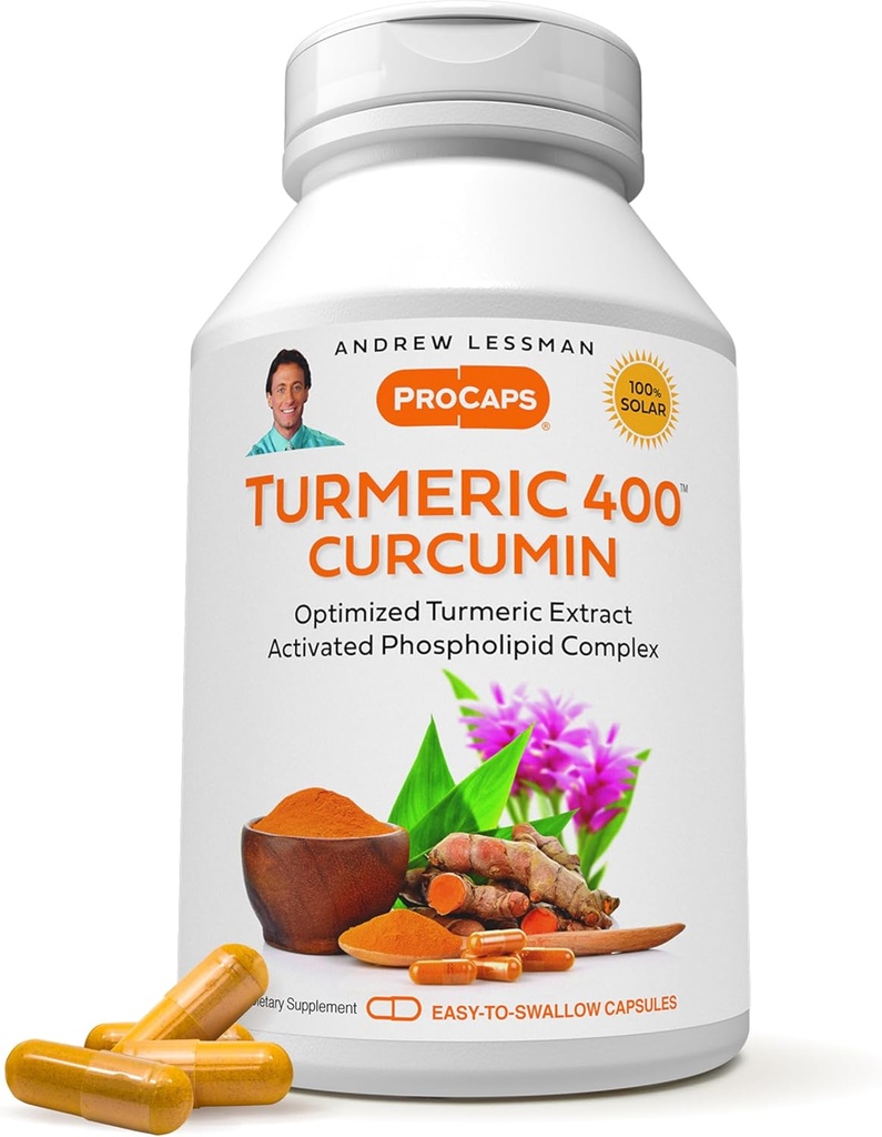 ANDREW LESSMAN Turmeric 400mg - 60 Capsules - 95% Curcuminoides comme Complexe Phospholipide pour les avantages optimums et l'absorption, Extrait standardisé haute puissance, Petites Capsules faciles à avaler