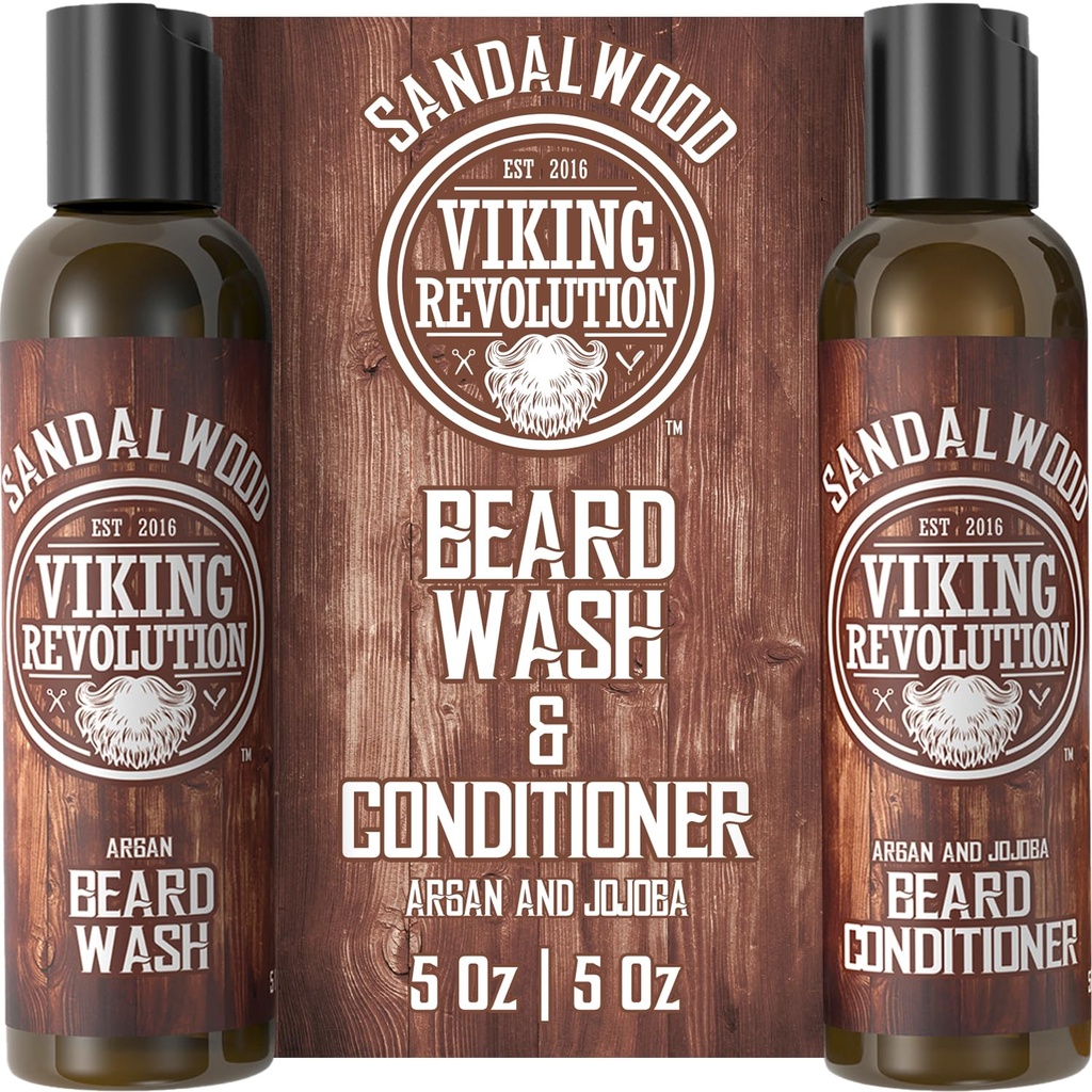Viking Revolution Wash & Barbe Conditioner Set w/Argan & Jojoba Oils - Adoucit et renforce - Shampooing de barbe naturel w/Beard Oil Sandalwood (5oz)