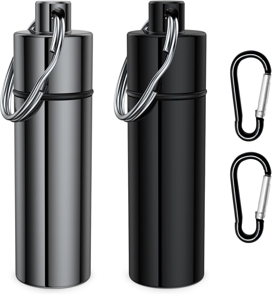 Kleine Pille Box,(2 Pack+2*Carabiner Clips) Schlüsselanhänger Pille Halter Portable Mini Travel Pill Container Metall Gehäuse Flasche mit Schlüsselanhänger