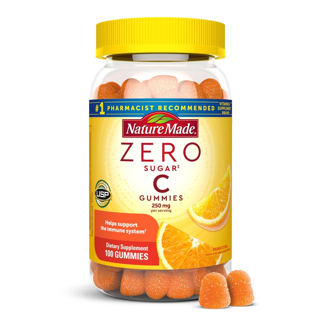 Natur Made Zero Sugar Vitamin C Gummies 250 mg pro Servieren, Immun- & Antioxidans-Unterstützung, Aspartame Free, 100 Sugar Free Gummis, 50 Tage Versorgung
