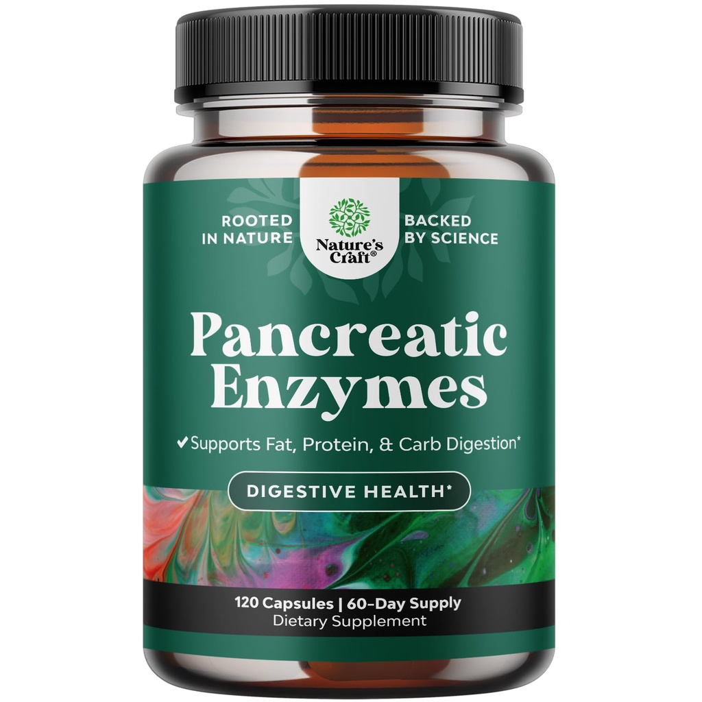 Natures Craft Pancreatin Verdauungsenzyme für Verdauungsmedizin - Pankreasenzyme für Menschen mit Fettkarb und Protein Frauen und Männer - Protease Amylase & Lipase Digestion -120ct
