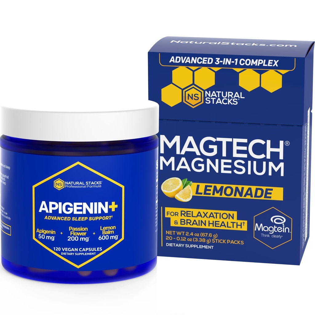 STACKS NATURELS Magtech Magnesium Drink Mix + APIGENIN+ Supplément Bundle - Soutient la relaxation, la santé cérébrale et le sommeil* - 80 portions