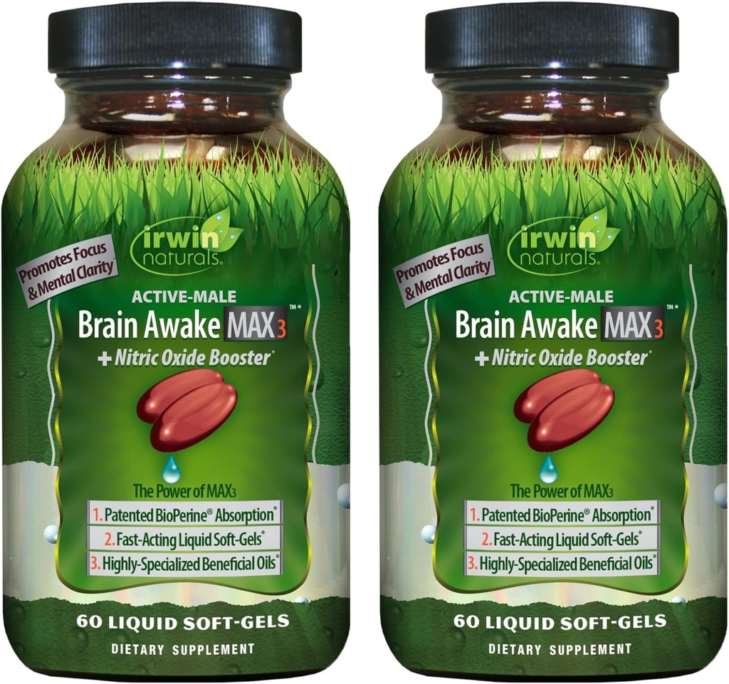 Irwin Naturals Brain Awake Max3 + Nitric Oxide Booster - 60 Liquid Soft-Gels, Paket von 2 - Unterstützung Gehirn Gesundheit & Optimieren Leistung - 40 Gesamt Servierungen
