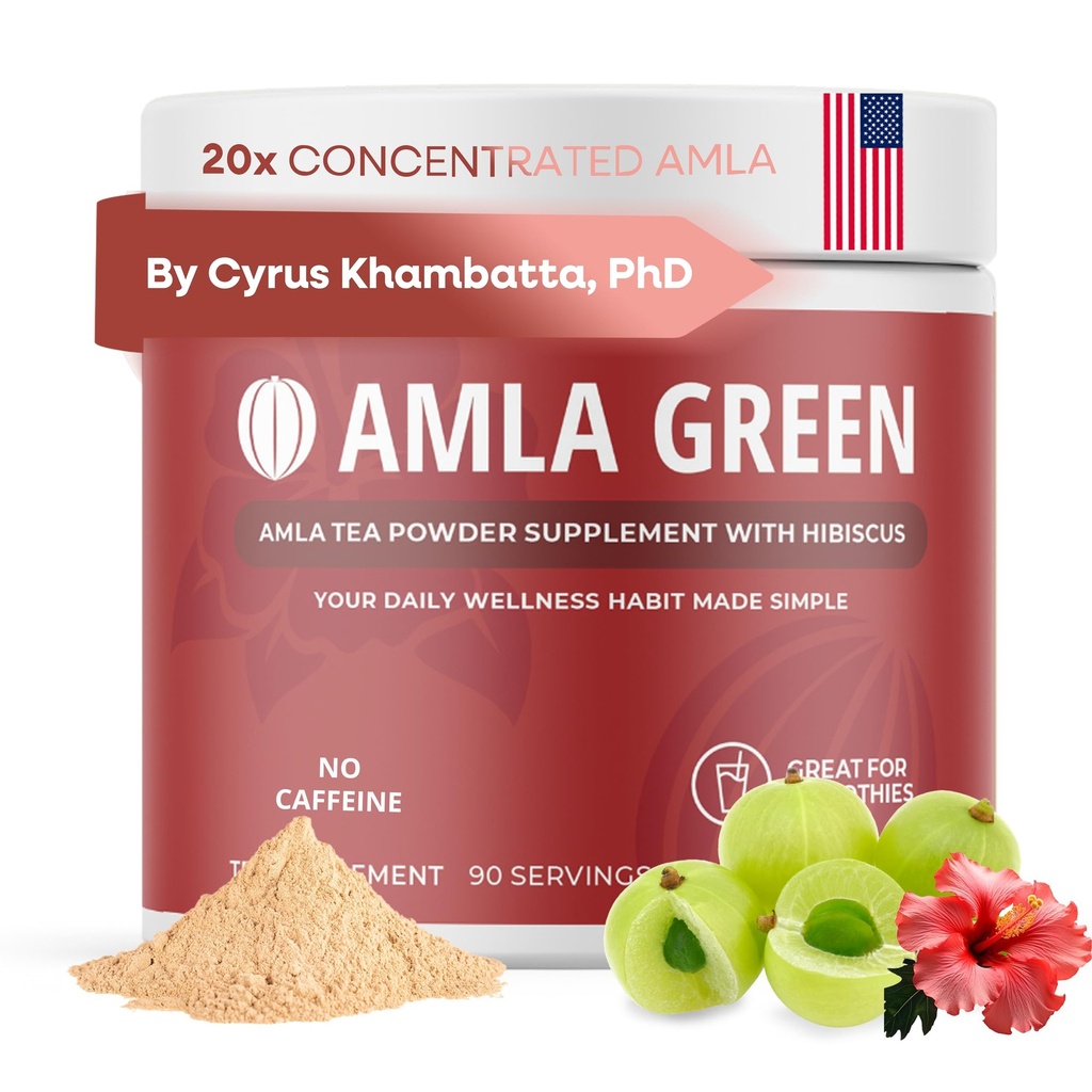 Amla Powder & Green Tea Superfood Supplément avec Hibiscus, 20x Ultra Concentré Amla, Support Antioxydant, Fabriqué avec Oolong Tea et Gooseberries indiennes, Organique, Vegan, Hibiscus, 90 portions