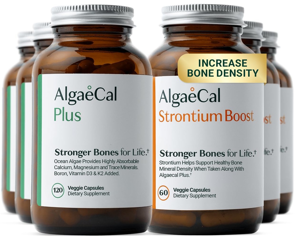 ALGAECAL - Bone Builder Pack für Knochendichte, Klinisch unterstützte pflanzenbasierte Kalziumergänzungsmittel & Strontium, Vitamine K2, D3, Magnesium & 16 Mineralstoffe, 3-Monat-Versorgung, Made in USA