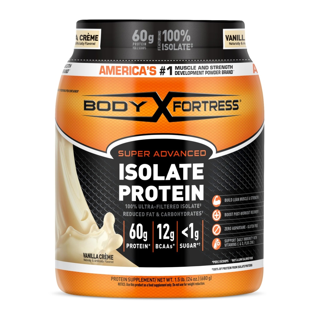 Forteresse du corps 100% poudre de protéines isolées ultra-filtrées, Vanille, 60g de protéines et 12g BCAA par 2 scoops, gain et récupération musculaire, soutien immunitaire avec des vitamines C et D, 1,5lbs, emballage mai Vary