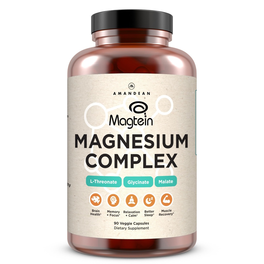 Amandean Magtein Magnésium Complexe. L-Thréonate, Glycinate, Malate Triple Blend Supplément de magnésium chélaté. 90 Capsules de Véggie. Ingrédients à haute absorption. Santé cérébrale, sommeil, calme*.