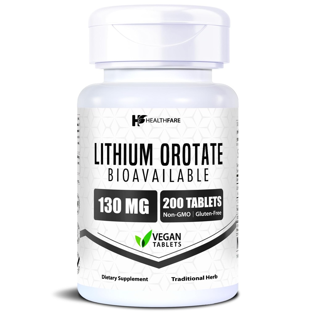 HealthFare Lithium Orotate Ergänzung 130mg | 200 Vegetarische Tabletten | Hohe Bioverfügbarkeit Trace Mineral | Stimmung, Gehirn & Gedächtnis Unterstützung | Non-GMO, Gluten-Free | Made in USA