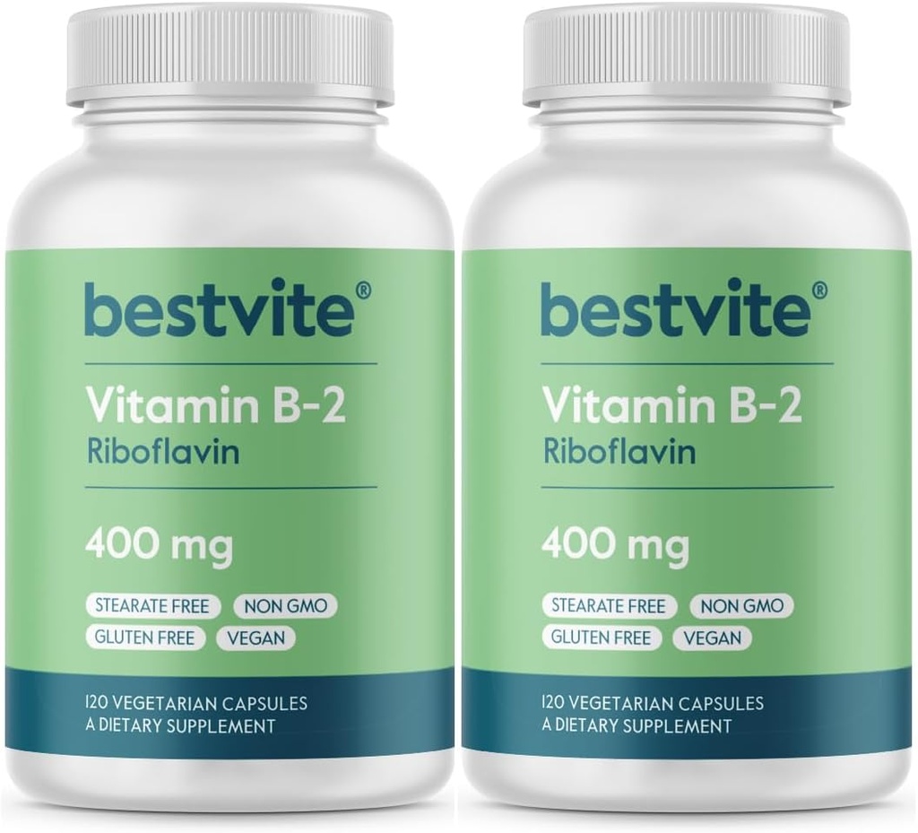 BESTVITE Vitamin B-2 (Riboflavin) 400mg (240 vegetarische Kapseln) (120 x 2) - No Stearates - Vegan - Non GMO - Glutenfrei