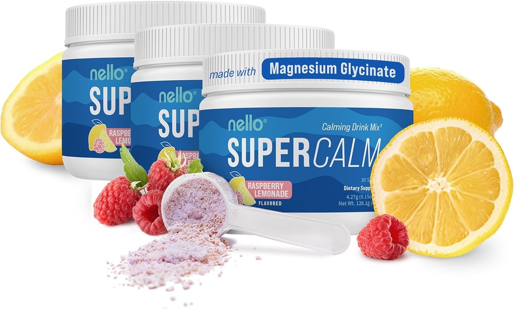 Mélange de boissons Nello Supercalm - Ashwagandha KSM 66, Glycinate de magnésium, L-Theanine, Vitamine D3 - Extrait de racine Ashwagandha, supplément de magnésium et L-Theanine - (30 portions) - 3 emballages