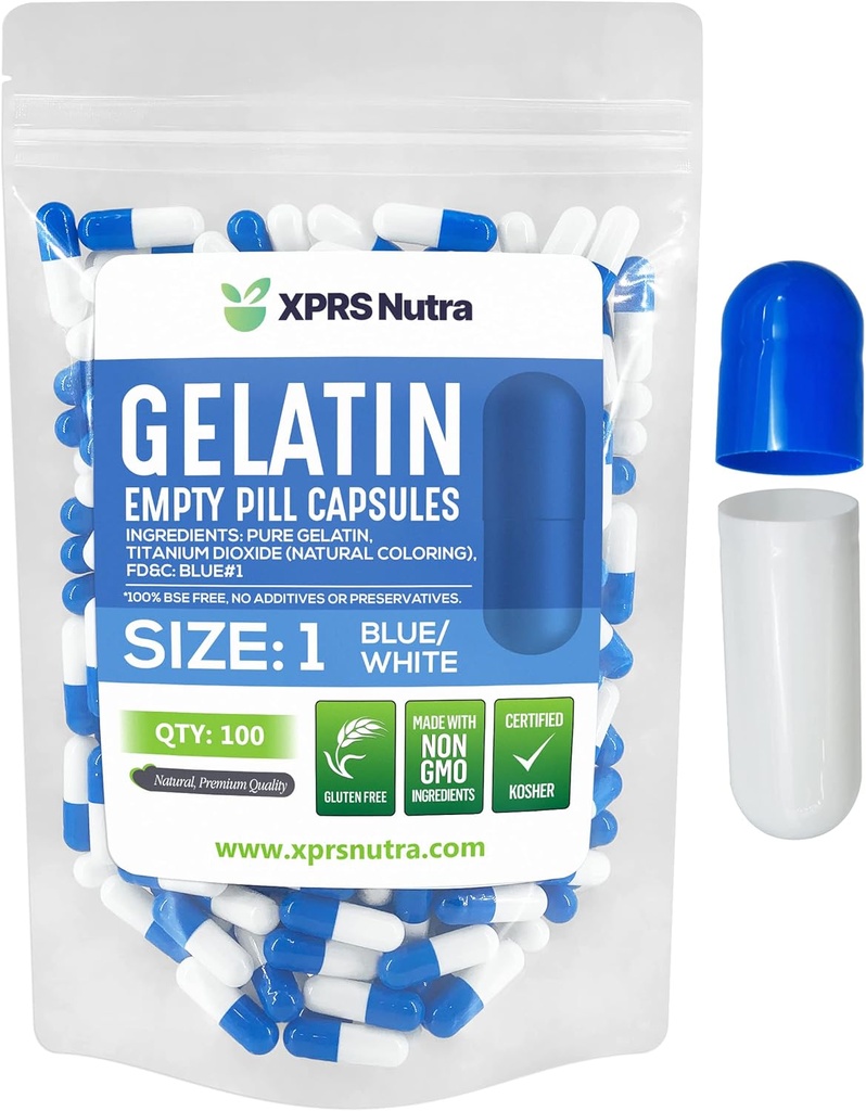 XPRS Nutra Größe 1 Leere Kapseln - 100 Count Leere Gelatine Kapseln - Pille DIY Kapsel Füllung - Pure Bovine Pill Gel Kapseln für Do-It-Yourself Ergänzungen (blau/weiß)