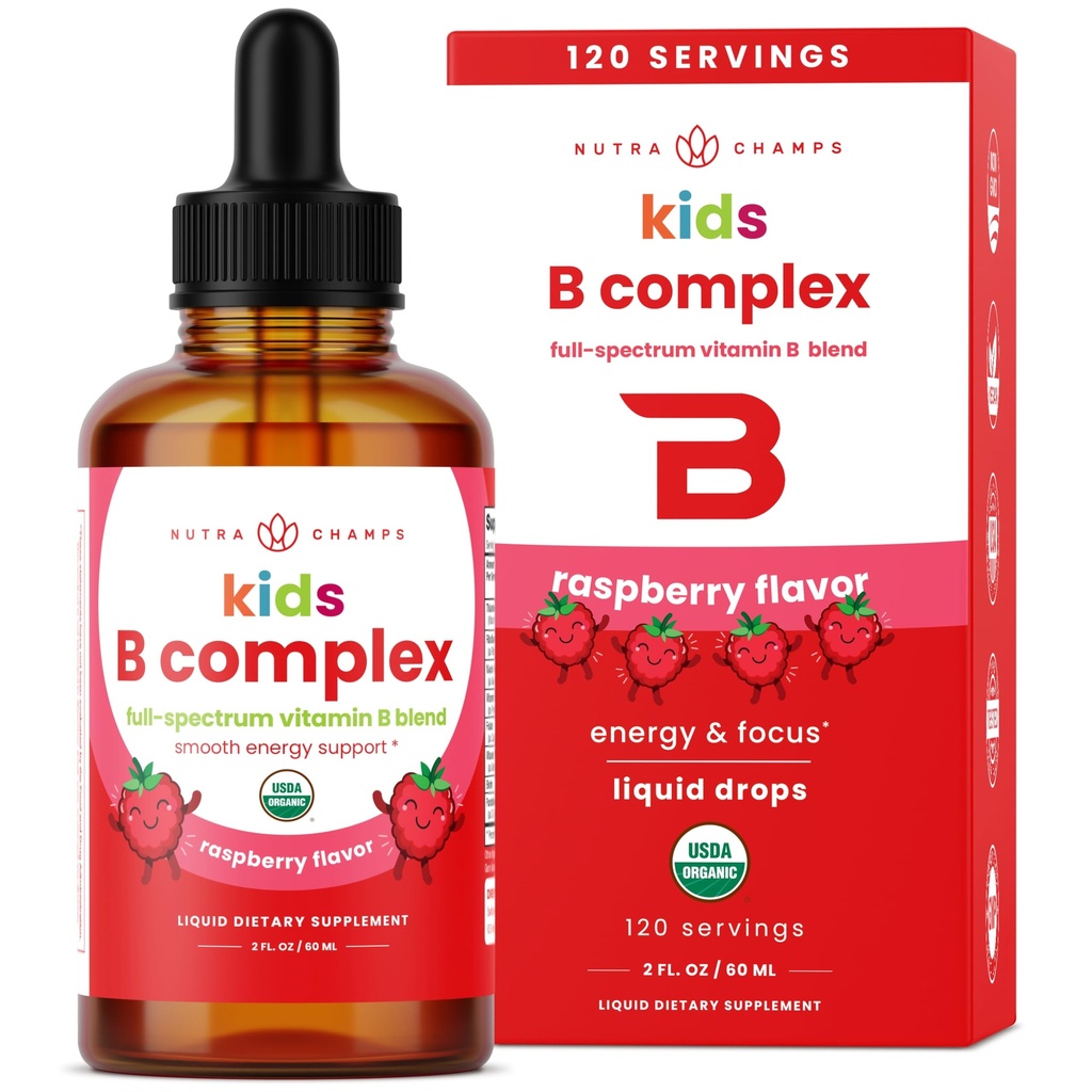 NutraChamps Vitamin B Komplex für Kinder, B1, B2, B3, B6, B7, B9 & Methyl B12, Kids B Komplex Flüssigkeitstropfen Ergänzung, Energie, Fokus, Stoffwechsel, natürliche Beere, 120 Portionen, 4 Monate Versorgung