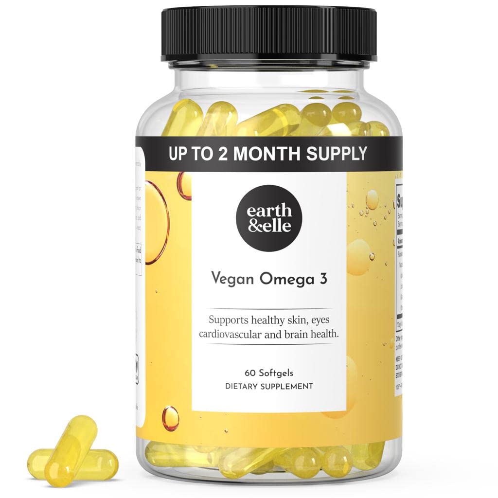Earth & Elle Algae Omega 3 Supplement - Vegan Omega 3 - Omega 3 Vegan-Ergänzung w/Algae Oil & Vegan DHA - Hilft Unterstützung Herz & Gehirn Gesundheit 1000 mg pro Servieren - No Fishy Nachgeschmack 60 Softgels