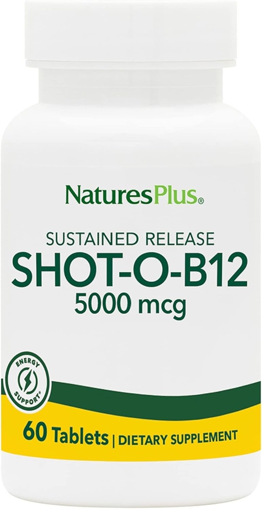 Natures Plus Shot-O-B12 (Methylcobalamin), Sustained Release - 5000 mcg, 60 vegetarische Tabletten - High Potency, Fast Acting B12 Supplement - Memory & Energy Booster - Glutenfrei - 60 Servierungen