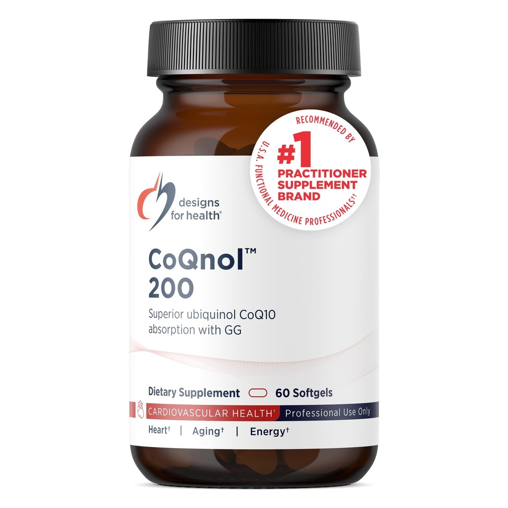 Designs für Health CoQnol 200mg - CoQ10 Ubiquinol mit Superior Bioverfügbarkeit + Exklusive Absorptionstechnologie - Double CoenzymeQ10 Boost mit GG - Herz, Gesunde Alterung + Zellunterstützung (60 Softgels)