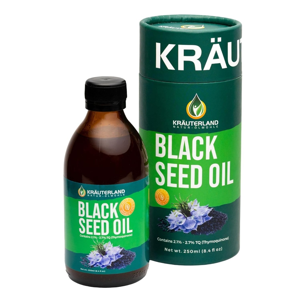 Kraeuterland - neue Twistsperre - kein Leck - Natural Black Seed Oil Liquid 8.4 fl oz, Nigella Sativa Seed Oil,High Thymoquinone, Kalt Press, Vegan, Gluten Free