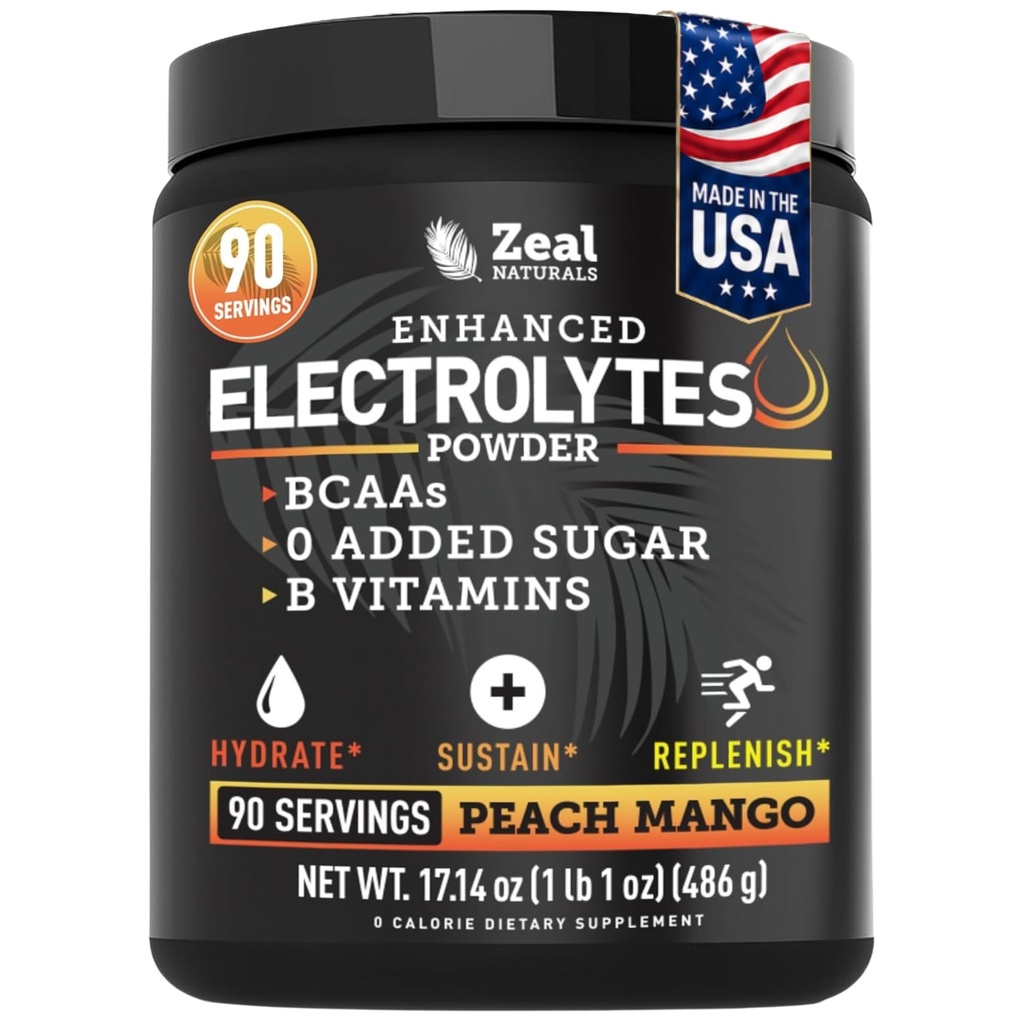Zeal Naturals Electrolyte Powder Recovery Drink (90 portions) w 0 Sucre + BCAAs + B-Vitamines Supplément Electrolyte w Potassium Zinc & Magnésium pour l'hydratation - Keto Electrolytes