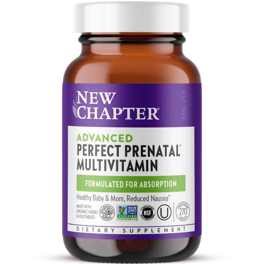 Nouveau chapitre Vitamines prénatales parfaites avancées, 270ct, faites avec des ingrédients organiques, non OGM pour bébé et maman en santé - Folate (méthylfolate), Fer fermenté dans les aliments entiers, vitamine D3 + gingembre