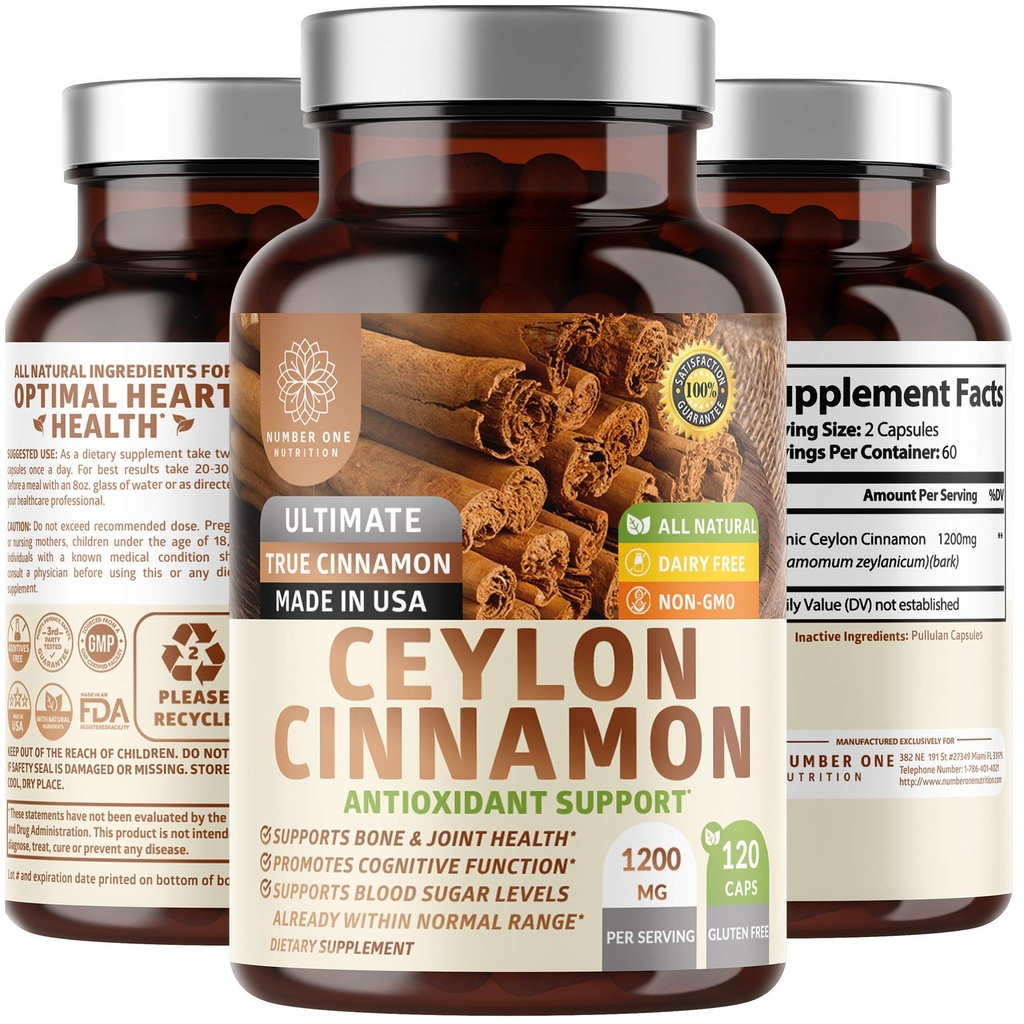 N1N Premium Ceylan Cinnamon 1200mg [Cinnamon 100% bio Ceylan] Supplément naturel pour soutenir la circulation saine, le cerveau et la fonction articulaire,120 capsules