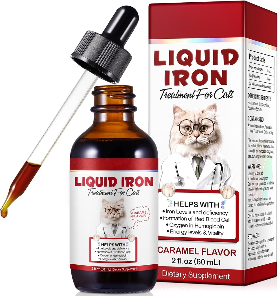 Eisen-Ergänzungen für Katzen, 60ML Flüssigeisen mit Folat und B12 unterstützt Anämie, niedrige Enery Levels und Lethargy, fördert die Bildung von roten Blutkörperchen und Blutgesundheit