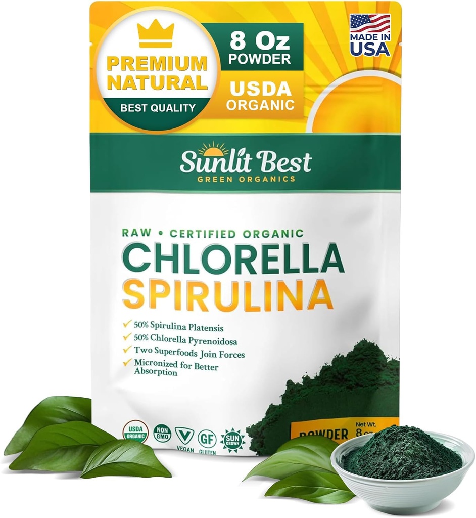 Sunlit Best USDA Organic Chlorella Spirulina Powder - 100% Raw & Vegan Quelle von Protein & Chlorophyll | Non GMO & Gluten Free Superfood Energy Drink | Gut Health & Immun Support Supplement, 8 oz