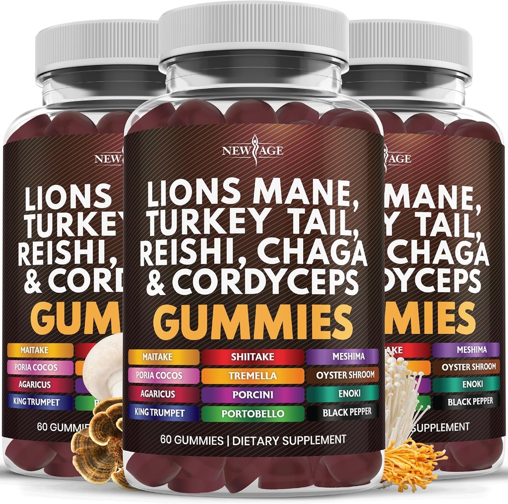 NEW AGE Mushroom Lion's Mane Supplement Gummis - Umfassende Pilzergänzung mit Reishi, Cordyceps - 180 Count