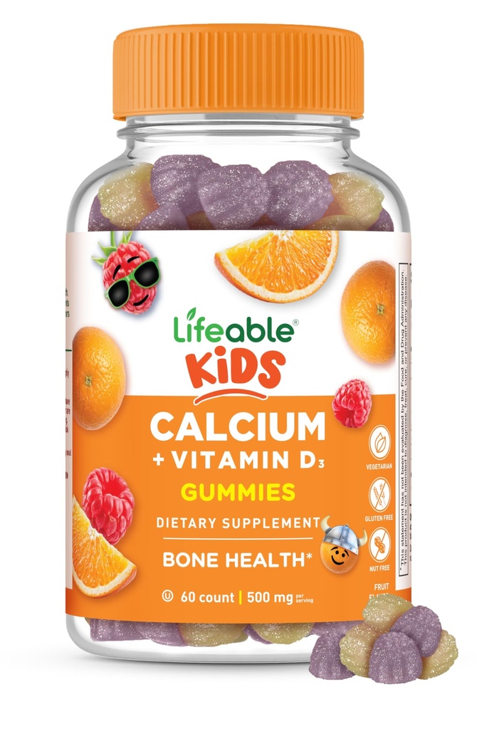 Lebensfähige Kinder Kalziumgummis mit Vitamin D3 | 500 mg Kalzium mit Vitamin D3 1000 IU | Große Verkostung Kalziumergänzung für Kinder | für Knochen Gesundheit und Zähne Wachstum | 60 Gummies