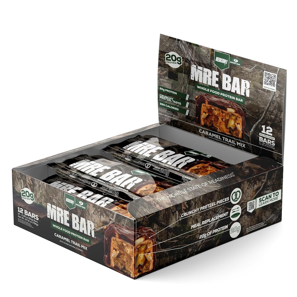 REDCON1 x Mossy Oak MRE Protein Bar, Caramel Trail Mix - 20g Ganzes Essensprotein + MCT Öl - Leicht digestible, Macro Balanced Low Sugar Meal Ersatz Bar (12 Bars)
