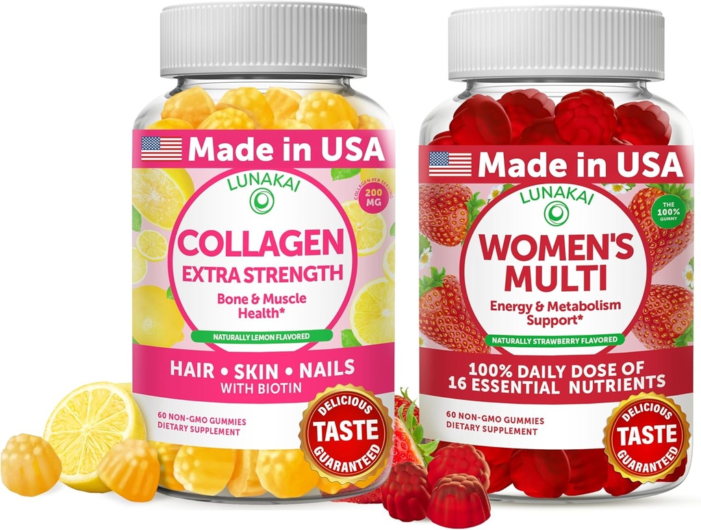 Lunakai Collagen und Women's Multivitamin Gummis Bundle - Non-GMO Anti Aging Supplements mit Biotin, Zink, Vitamin C und E - 100% täglicher Wert von 16 essentiellen Vitaminen und Mineralien - 30 Tage Versorgung