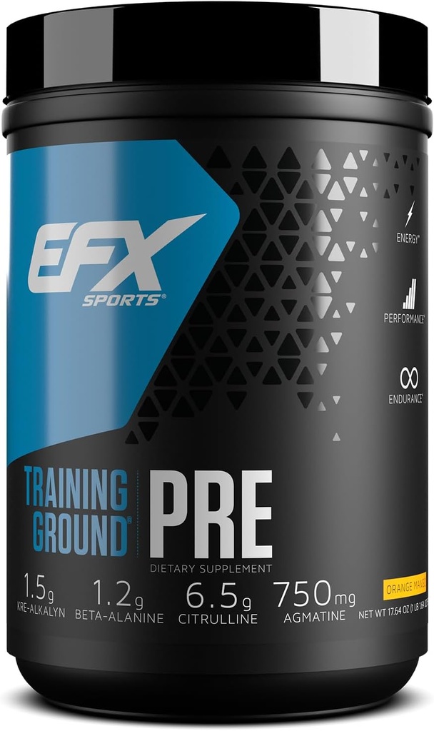 EFX Sports Training Ground Pre Workout Powder | Energy & Muskelpumpen | mit Hydromax Glycerol, Citrulline, Beta Alanine | 300mg Koffein | 20 Servierungen (Orange Mango)